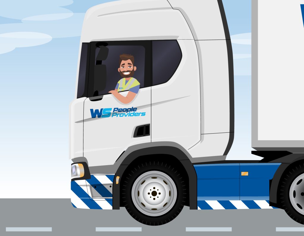 driving HGV driver in cab of white and blue articulated lorry on road