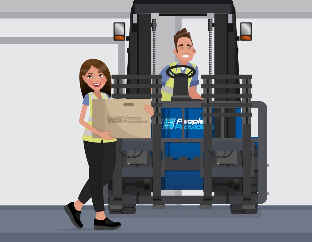 warehouse Warehouse worker holding cardboard box next to forklift operator in blue vehicle.